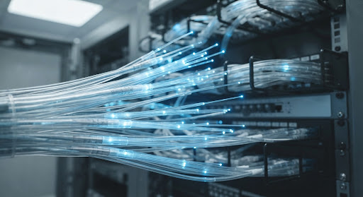 Close-up of fiber optic cables transmitting light